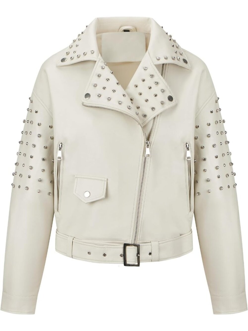 Women's White Faux Leather Moto Studded Rivet Casual Jacket With Zipper Pockets